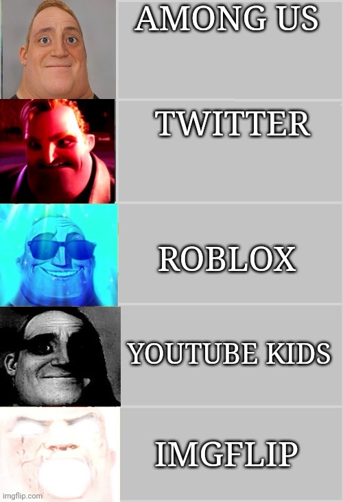 Apps | AMONG US; TWITTER; ROBLOX; YOUTUBE KIDS; IMGFLIP | image tagged in mr incredible 5 panel | made w/ Imgflip meme maker