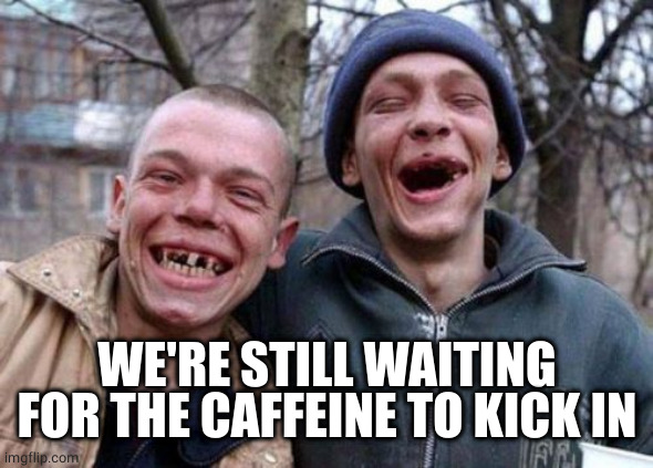 Ugly Twins Meme | WE'RE STILL WAITING FOR THE CAFFEINE TO KICK IN | image tagged in memes,ugly twins | made w/ Imgflip meme maker