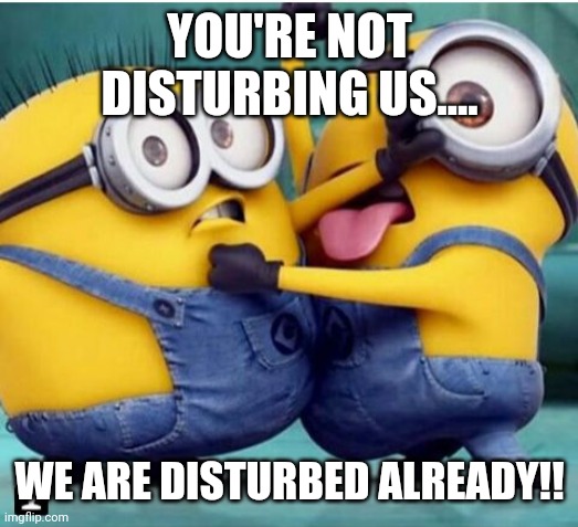 minions fighting | YOU'RE NOT DISTURBING US.... WE ARE DISTURBED ALREADY!! | image tagged in minions fighting | made w/ Imgflip meme maker