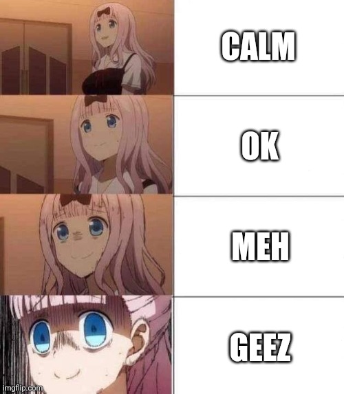 chika template | CALM; OK; MEH; GEEZ | image tagged in chika template | made w/ Imgflip meme maker