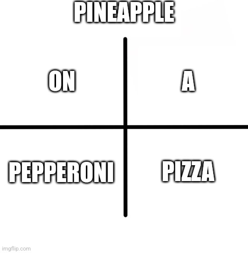 What is this | PINEAPPLE; A; ON; PEPPERONI; PIZZA | image tagged in memes,blank starter pack | made w/ Imgflip meme maker