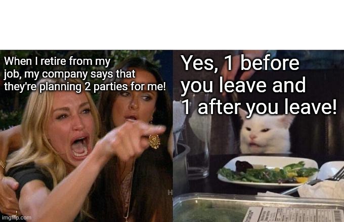 Retirement party | When I retire from my job, my company says that they're planning 2 parties for me! Yes, 1 before you leave and 1 after you leave! | image tagged in memes,woman yelling at cat | made w/ Imgflip meme maker