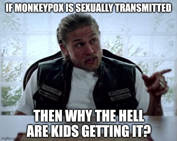Gotta ask this question. | IF MONKEYPOX IS SEXUALLY TRANSMITTED; THEN WHY THE HELL ARE KIDS GETTING IT? | image tagged in memes | made w/ Imgflip meme maker