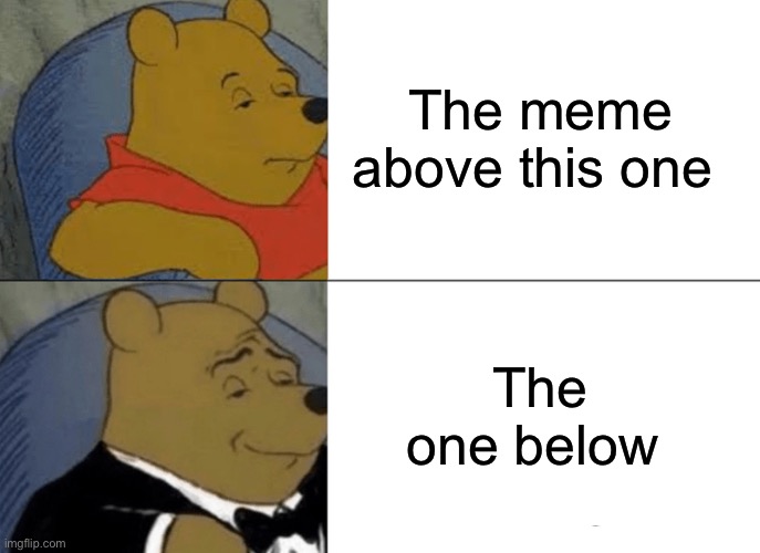 Tuxedo Winnie The Pooh | The meme above this one; The one below | image tagged in memes,tuxedo winnie the pooh | made w/ Imgflip meme maker