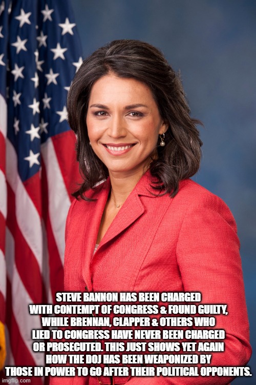 A single democrat with the courage to speak the truth |  STEVE BANNON HAS BEEN CHARGED WITH CONTEMPT OF CONGRESS & FOUND GUILTY, WHILE BRENNAN, CLAPPER & OTHERS WHO LIED TO CONGRESS HAVE NEVER BEEN CHARGED OR PROSECUTED. THIS JUST SHOWS YET AGAIN HOW THE DOJ HAS BEEN WEAPONIZED BY THOSE IN POWER TO GO AFTER THEIR POLITICAL OPPONENTS. | image tagged in tulsi gabbard,a single democrat,truth bomb,democrat war on america,justice for some,no longer the land of the free | made w/ Imgflip meme maker