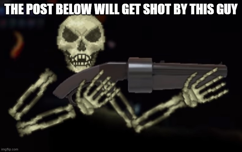 skeletron with gun | THE POST BELOW WILL GET SHOT BY THIS GUY | image tagged in skeletron with gun | made w/ Imgflip meme maker