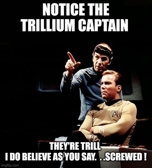 SPOCK AND KIRK, SPOCK POINTING | NOTICE THE TRILLIUM CAPTAIN THEY'RE TRILL 
I DO BELIEVE AS YOU SAY.  . .SCREWED ! | image tagged in spock and kirk spock pointing | made w/ Imgflip meme maker