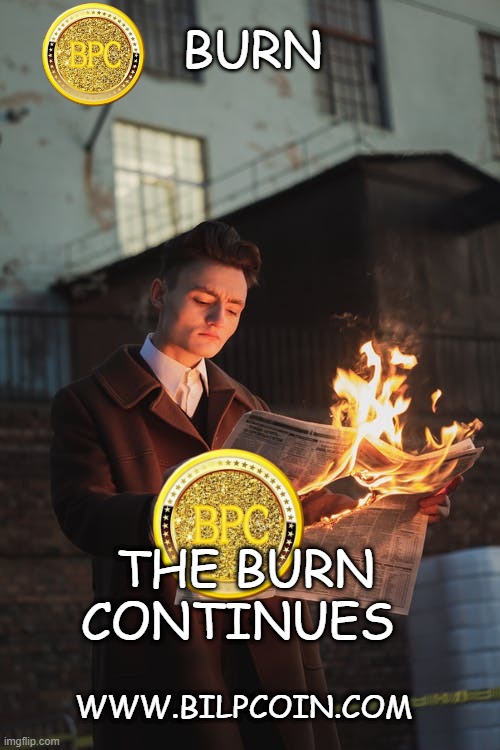 BURN; THE BURN CONTINUES; WWW.BILPCOIN.COM | made w/ Imgflip meme maker