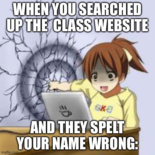 Anime wall punch | WHEN YOU SEARCHED UP THE  CLASS WEBSITE; AND THEY SPELT YOUR NAME WRONG: | image tagged in anime wall punch | made w/ Imgflip meme maker