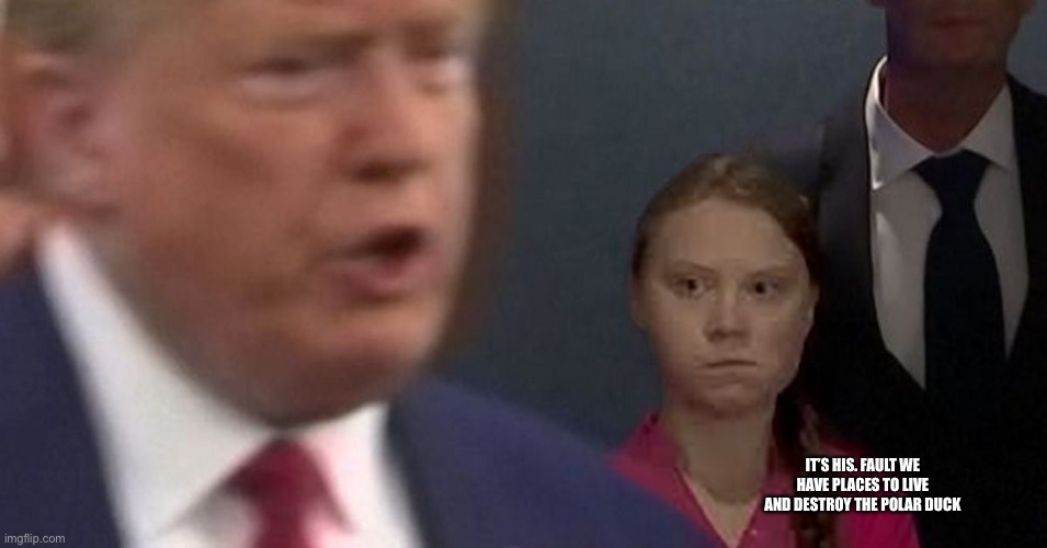 President Trump and Beta Greta | IT’S HIS. FAULT WE HAVE PLACES TO LIVE AND DESTROY THE POLAR DUCKS | image tagged in president trump and beta greta | made w/ Imgflip meme maker