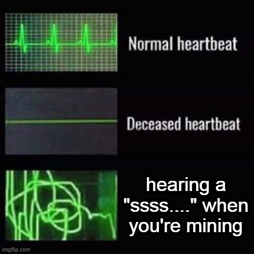 What the f- | hearing a "ssss...." when you're mining | image tagged in heartbeat rate,minecraft,oh shi- | made w/ Imgflip meme maker