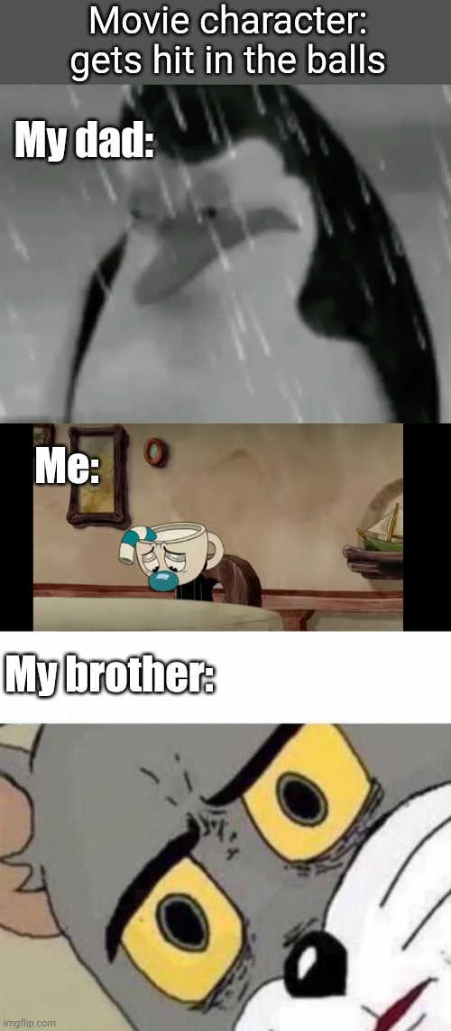 Meme #69 |  Movie character: gets hit in the balls; My dad:; Me:; My brother: | image tagged in sadge,sad mugman,tom cat unsettled close up,balls,memes,funny | made w/ Imgflip meme maker