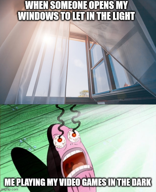 WHEN SOMEONE OPENS MY WINDOWS TO LET IN THE LIGHT; ME PLAYING MY VIDEO GAMES IN THE DARK | image tagged in spongebob my eyes | made w/ Imgflip meme maker