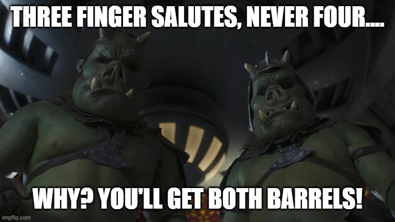THREE FINGER SALUTES, NEVER FOUR.... WHY? YOU'LL GET BOTH BARRELS! | made w/ Imgflip meme maker