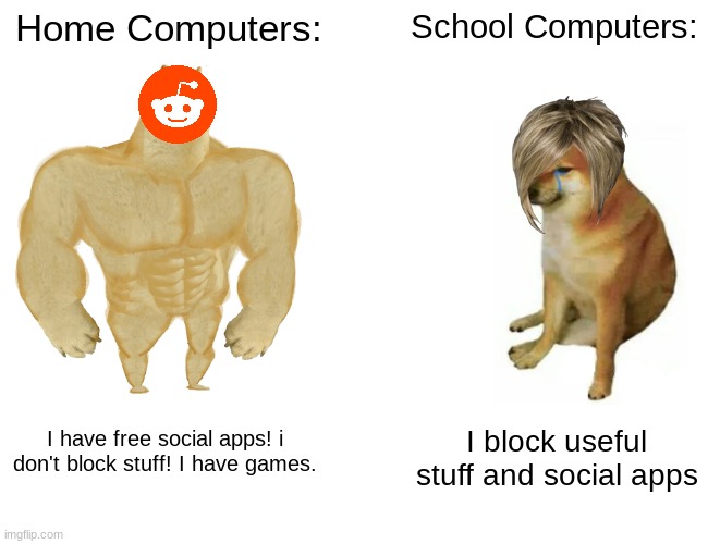 The Reality of School Computers | Home Computers:; School Computers:; I have free social apps! i don't block stuff! I have games. I block useful stuff and social apps | image tagged in memes,buff doge vs cheems | made w/ Imgflip meme maker