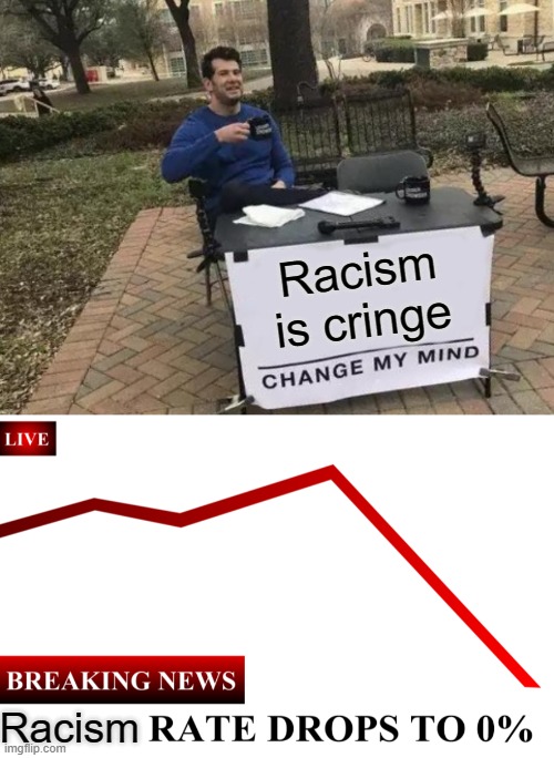 Racism is cringe; Racism | image tagged in memes,change my mind,____ rate drops to 0,racism,funny | made w/ Imgflip meme maker