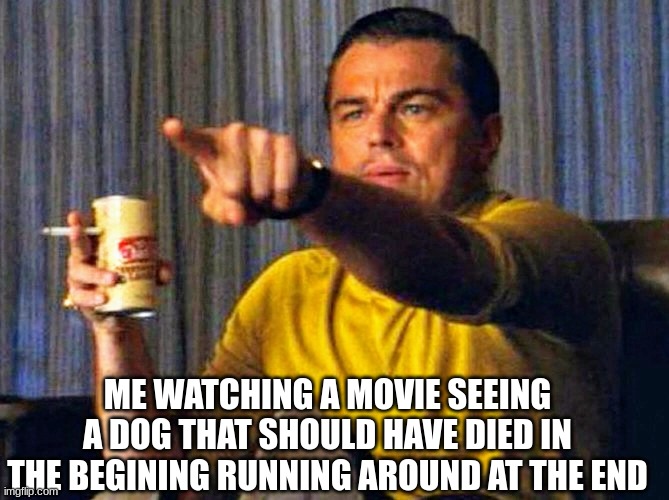 I literally saw it get swallowed by a shark | ME WATCHING A MOVIE SEEING A DOG THAT SHOULD HAVE DIED IN THE BEGINING RUNNING AROUND AT THE END | image tagged in leonardo dicaprio pointing at tv | made w/ Imgflip meme maker