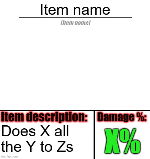 This is the new template for Item-shop (link in comments) | Item name; Does X all the Y to Zs; X% | image tagged in item-shop template | made w/ Imgflip meme maker
