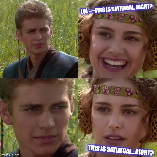 This is satirical, right? | LOL —THIS IS SATIRICAL, RIGHT? THIS IS SATIRICAL...RIGHT? | image tagged in anakin padme 4 panel | made w/ Imgflip meme maker