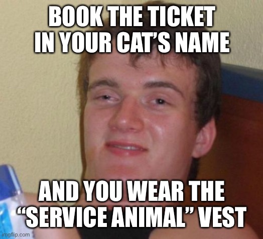 10 Guy Meme | BOOK THE TICKET IN YOUR CAT’S NAME AND YOU WEAR THE “SERVICE ANIMAL” VEST | image tagged in memes,10 guy | made w/ Imgflip meme maker