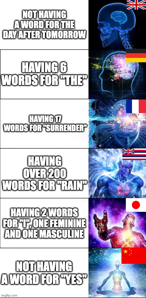 Expanding brain | NOT HAVING A WORD FOR THE DAY AFTER TOMORROW; HAVING 6 WORDS FOR "THE"; HAVING 17 WORDS FOR "SURRENDER"; HAVING OVER 200 WORDS FOR "RAIN"; HAVING 2 WORDS FOR "I", ONE FEMININE AND ONE MASCULINE; NOT HAVING A WORD FOR "YES" | image tagged in expanding brain | made w/ Imgflip meme maker