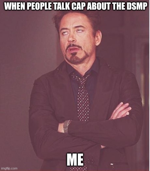 dsmp cap | WHEN PEOPLE TALK CAP ABOUT THE DSMP; ME | image tagged in memes,face you make robert downey jr | made w/ Imgflip meme maker