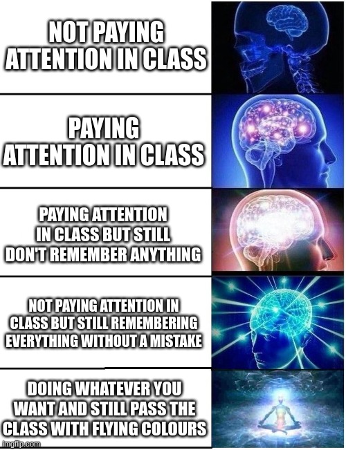 Which one are you? | NOT PAYING ATTENTION IN CLASS; PAYING ATTENTION IN CLASS; PAYING ATTENTION IN CLASS BUT STILL DON'T REMEMBER ANYTHING; NOT PAYING ATTENTION IN CLASS BUT STILL REMEMBERING EVERYTHING WITHOUT A MISTAKE; DOING WHATEVER YOU WANT AND STILL PASS THE CLASS WITH FLYING COLOURS | image tagged in expanding brain 5 panel | made w/ Imgflip meme maker