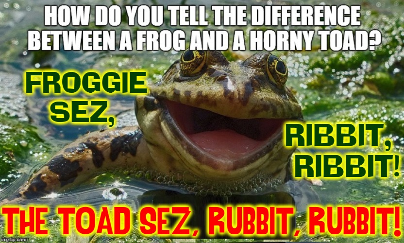 FROGGIE
SEZ, RIBBIT,
  RIBBIT! THE TOAD SEZ, "RUBBIT, RUBBIT!" | image tagged in vince vance,frogs,jokes,memes,horny toad,ribbit | made w/ Imgflip meme maker