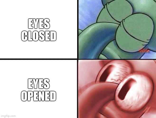 sleeping Squidward | EYES CLOSED EYES OPENED | image tagged in sleeping squidward | made w/ Imgflip meme maker