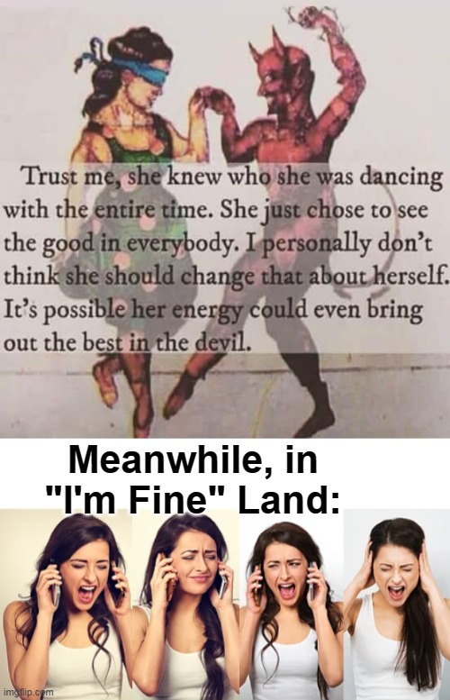 The Good In Everybody | Meanwhile, in "I'm Fine" Land: | image tagged in relationships,positive thinking,positivity,frustration,i'm fine | made w/ Imgflip meme maker