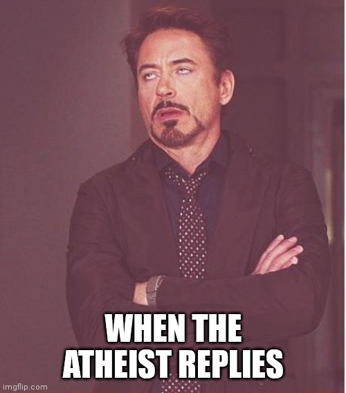 WHEN THE ATHEIST REPLIES | image tagged in memes,face you make robert downey jr | made w/ Imgflip meme maker