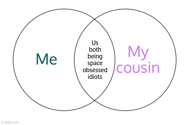 venn diagram | My cousin; Me; Us both being space obsessed idiots | image tagged in venn diagram | made w/ Imgflip meme maker