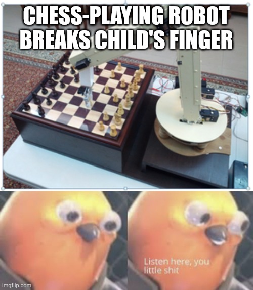 CHESS-PLAYING ROBOT BREAKS CHILD'S FINGER | image tagged in listen here you little shit bird | made w/ Imgflip meme maker