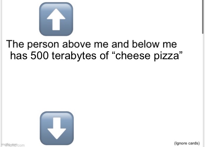 Person above below | has 500 terabytes of “cheese pizza” | image tagged in person above below | made w/ Imgflip meme maker