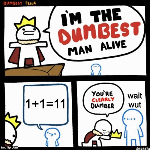 math is stupid | 1+1=11; wait wut | image tagged in i'm the dumbest man alive | made w/ Imgflip meme maker