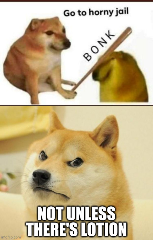 NOT UNLESS THERE'S LOTION | image tagged in go to horny jail,mad doge | made w/ Imgflip meme maker