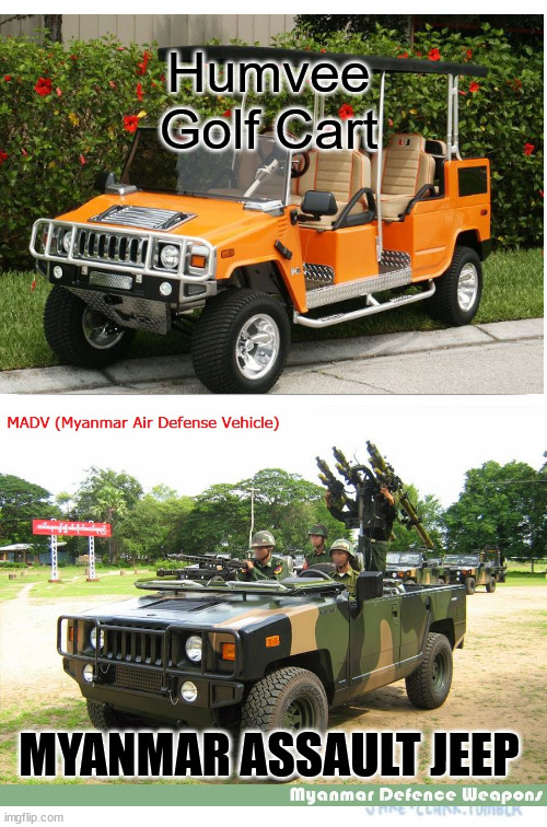 Myanmar assault jeep | Humvee Golf Cart; MYANMAR ASSAULT JEEP | image tagged in memes,two buttons | made w/ Imgflip meme maker