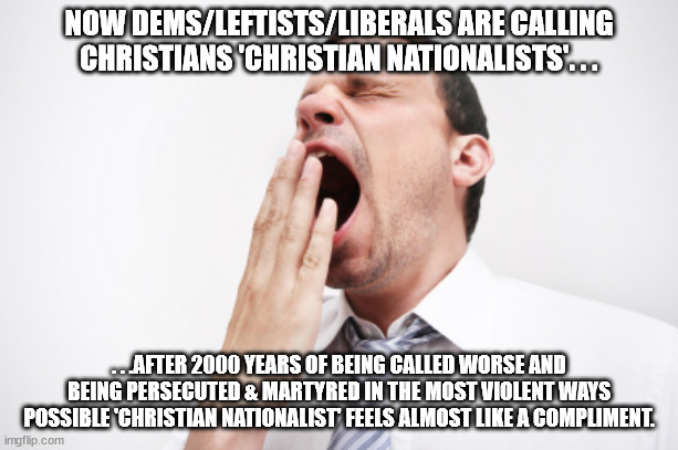 Next time try harder . . . | NOW DEMS/LEFTISTS/LIBERALS ARE CALLING CHRISTIANS 'CHRISTIAN NATIONALISTS'. . . . . .AFTER 2000 YEARS OF BEING CALLED WORSE AND BEING PERSECUTED & MARTYRED IN THE MOST VIOLENT WAYS POSSIBLE 'CHRISTIAN NATIONALIST' FEELS ALMOST LIKE A COMPLIMENT. | image tagged in yawningface,christian,persecution,boring,political meme | made w/ Imgflip meme maker