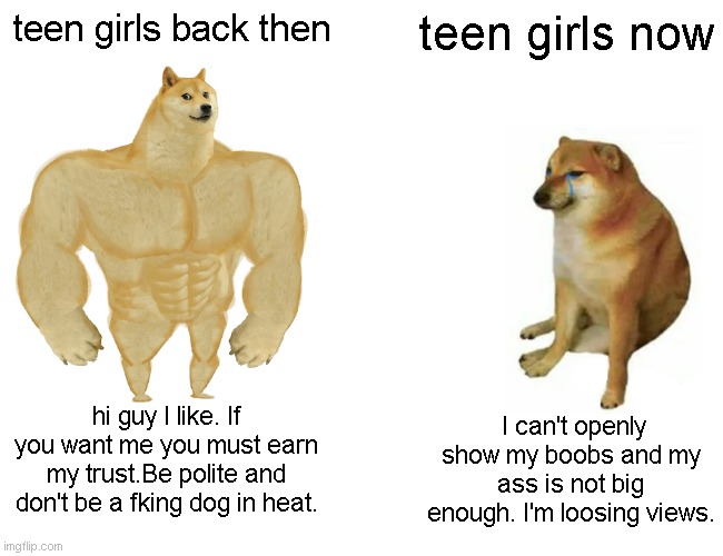 Buff Doge vs. Cheems | teen girls back then; teen girls now; hi guy I like. If you want me you must earn my trust.Be polite and don't be a fking dog in heat. I can't openly show my boobs and my ass is not big enough. I'm loosing views. | image tagged in memes,buff doge vs cheems | made w/ Imgflip meme maker