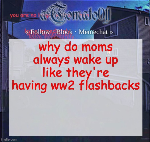 aTomato011 | why do moms always wake up like they're having ww2 flashbacks | image tagged in atomato011 | made w/ Imgflip meme maker