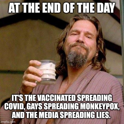 Big facts. | AT THE END OF THE DAY; IT'S THE VACCINATED SPREADING COVID, GAYS SPREADING MONKEYPOX, AND THE MEDIA SPREADING LIES. | image tagged in the dude | made w/ Imgflip meme maker