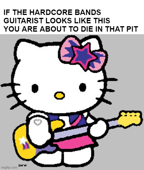Hello Kitty is here to Slay |  IF THE HARDCORE BANDS GUITARIST LOOKS LIKE THIS YOU ARE ABOUT TO DIE IN THAT PIT | image tagged in hello kitty,hardcore,rock | made w/ Imgflip meme maker