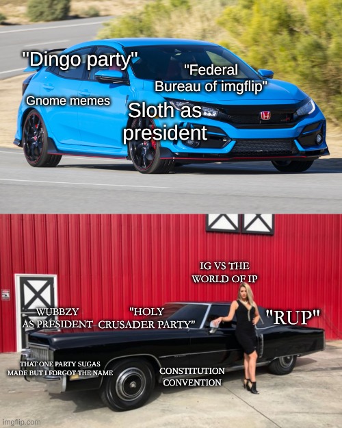 Is this stream finally at peace? | "Dingo party"; "Federal Bureau of imgflip"; Gnome memes; Sloth as president; IG VS THE WORLD OF IP; WUBBZY AS PRESIDENT; "HOLY CRUSADER PARTY"; "RUP"; THAT ONE PARTY SUGAS MADE BUT I FORGOT THE NAME; CONSTITUTION CONVENTION | image tagged in fwd cars then v now | made w/ Imgflip meme maker