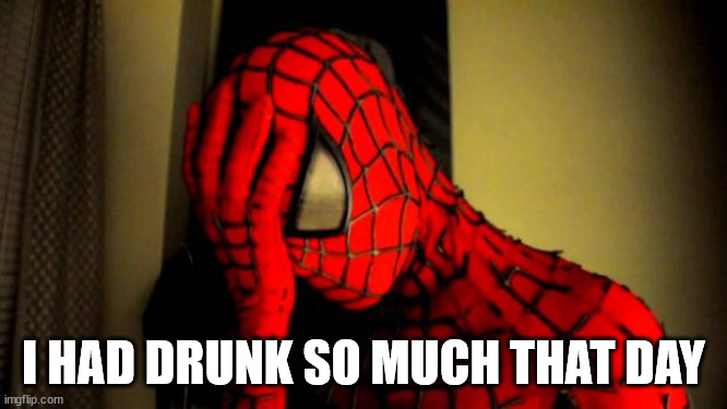 spiderman facepalm | I HAD DRUNK SO MUCH THAT DAY | image tagged in spiderman facepalm | made w/ Imgflip meme maker