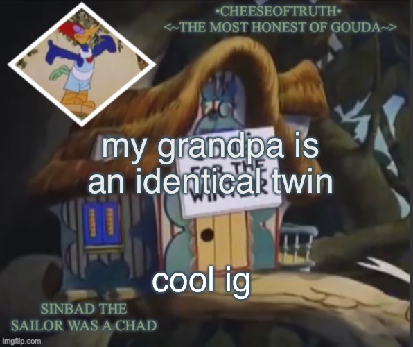 cheeseoftruth's other template | my grandpa is an identical twin; cool ig | image tagged in cheeseoftruth's other template | made w/ Imgflip meme maker