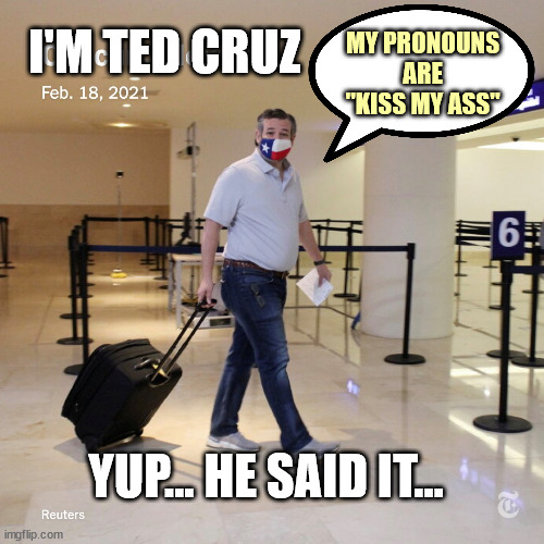 I'M TED CRUZ MY PRONOUNS ARE "KISS MY ASS" YUP... HE SAID IT... | made w/ Imgflip meme maker