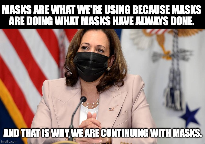 Kamala explains masks | MASKS ARE WHAT WE'RE USING BECAUSE MASKS
ARE DOING WHAT MASKS HAVE ALWAYS DONE. AND THAT IS WHY WE ARE CONTINUING WITH MASKS. | image tagged in masks,mask up,kamala harris,fauci,mask mandate,face mask | made w/ Imgflip meme maker