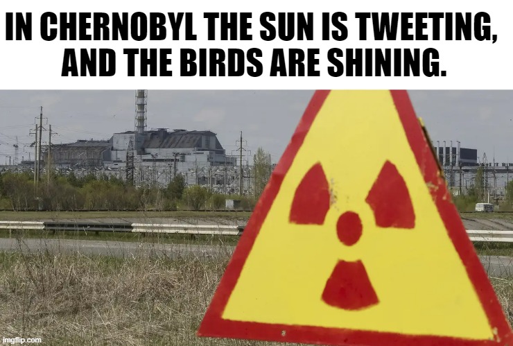 Chernobyl | IN CHERNOBYL THE SUN IS TWEETING, 
AND THE BIRDS ARE SHINING. | image tagged in chernobyl,hbo,1986,nuclear power plant | made w/ Imgflip meme maker