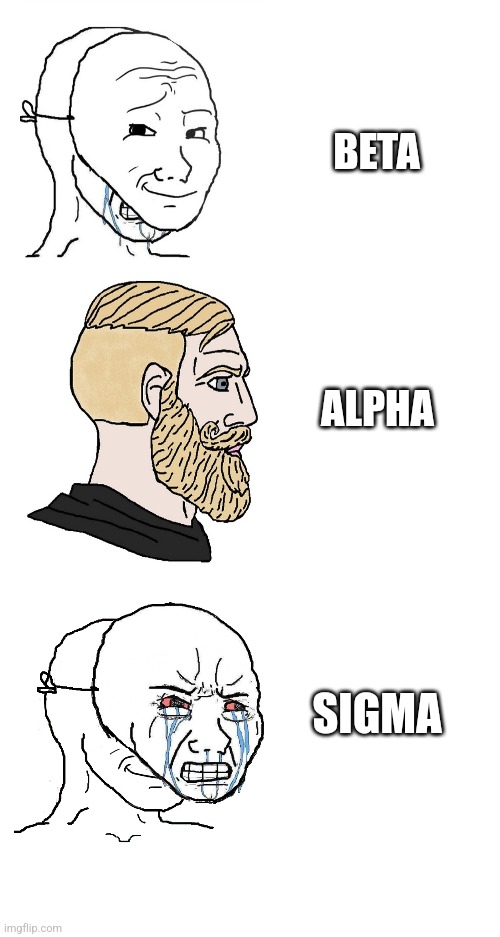 The hierarchy |  BETA; ALPHA; SIGMA | image tagged in chad,virgin vs chad,wojak,crying wojak / i know chad meme,beta,alpha | made w/ Imgflip meme maker