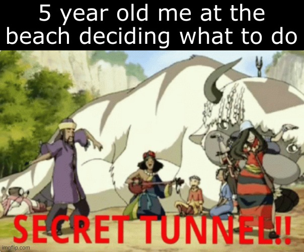 Title moment | 5 year old me at the beach deciding what to do | image tagged in secret tunnel | made w/ Imgflip meme maker